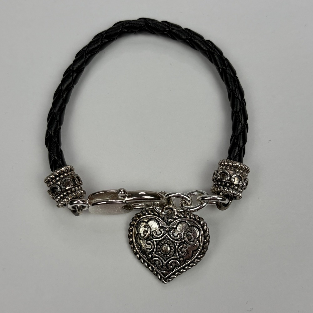 Vintage Black Braided Leather Bracelet Silver Tone Filigree Heart Charm